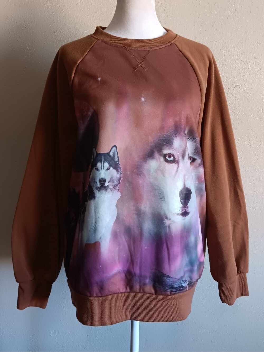 Husky Dog Sweatshirt Purple & Brown, NOBO Juniors Large, Whimsical Fall Pullover